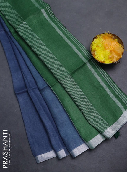 Pure linen saree bluish grey and green with plain body and silver zari woven border