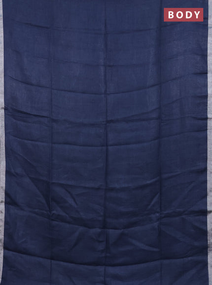 Pure linen saree bluish grey and green with plain body and silver zari woven border