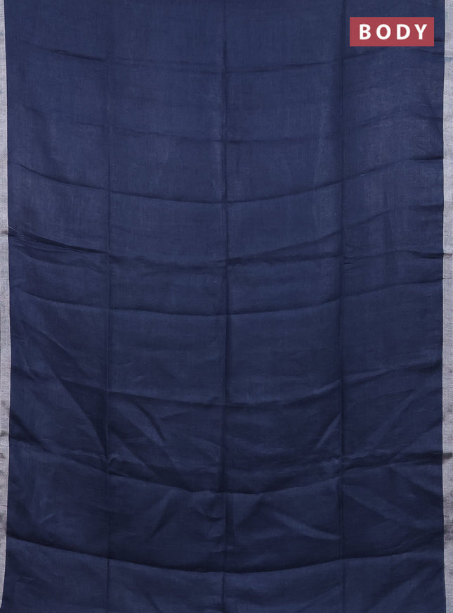 Pure linen saree bluish grey and green with plain body and silver zari woven border