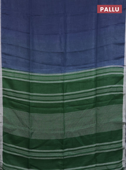 Pure linen saree bluish grey and green with plain body and silver zari woven border