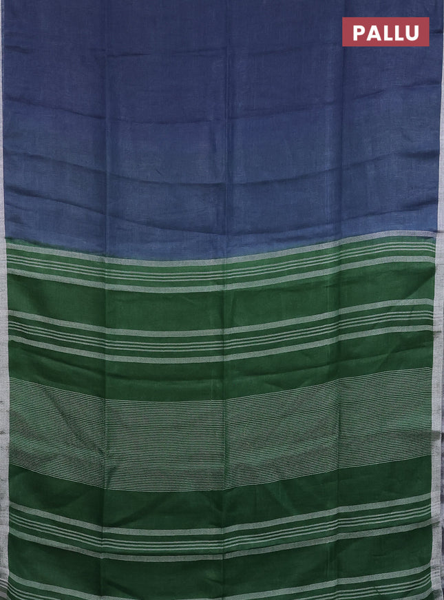 Pure linen saree bluish grey and green with plain body and silver zari woven border