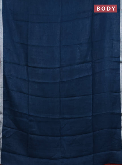 Pure linen saree peacock blue and maroon with plain body and silver zari woven border