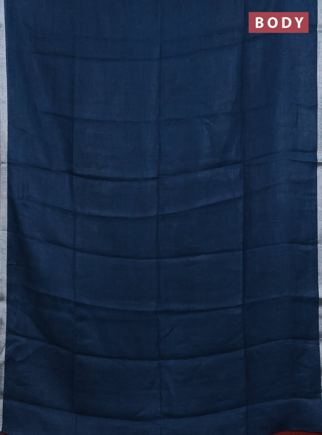 Pure linen saree peacock blue and maroon with plain body and silver zari woven border
