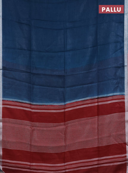 Pure linen saree peacock blue and maroon with plain body and silver zari woven border