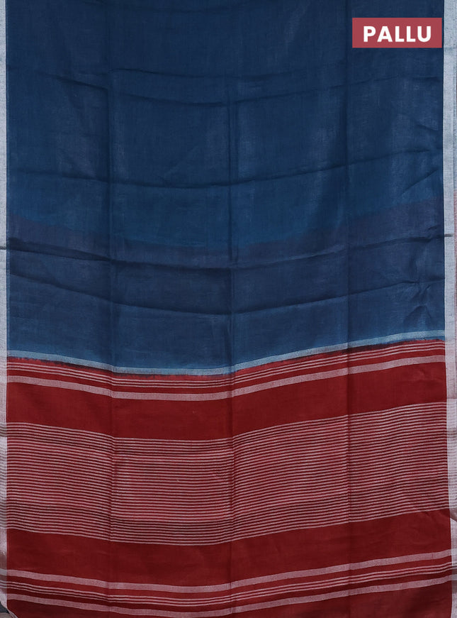 Pure linen saree peacock blue and maroon with plain body and silver zari woven border