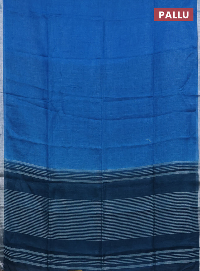 Pure linen saree cs blue and teal blue with plain body and silver zari woven border