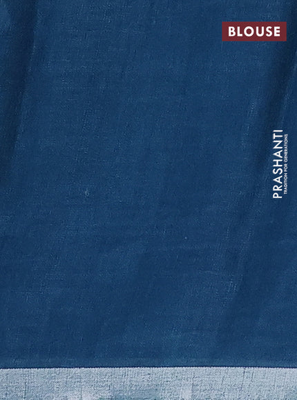 Pure linen saree cs blue and teal blue with plain body and silver zari woven border