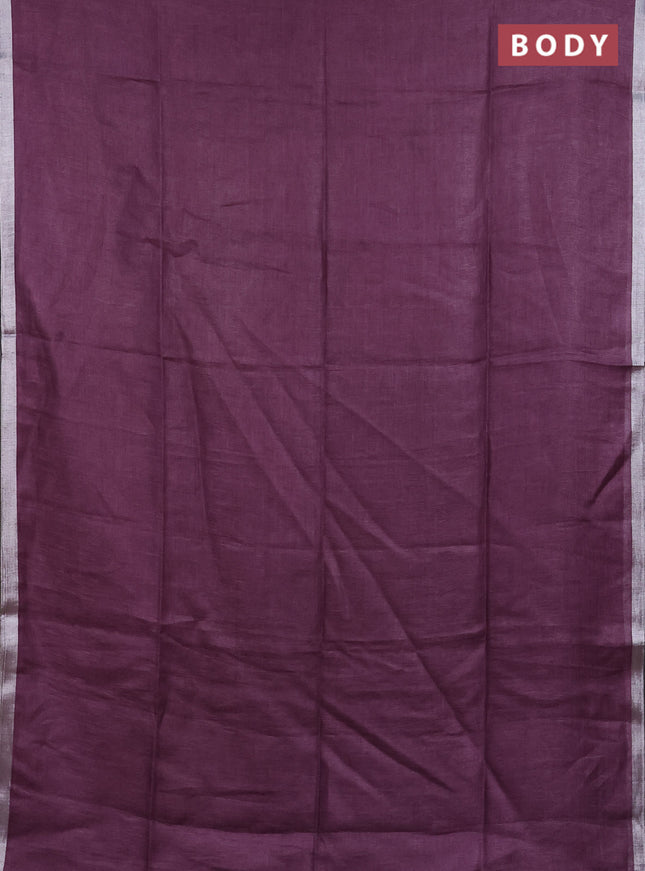 Pure linen saree mild purple with plain body and silver zari woven border