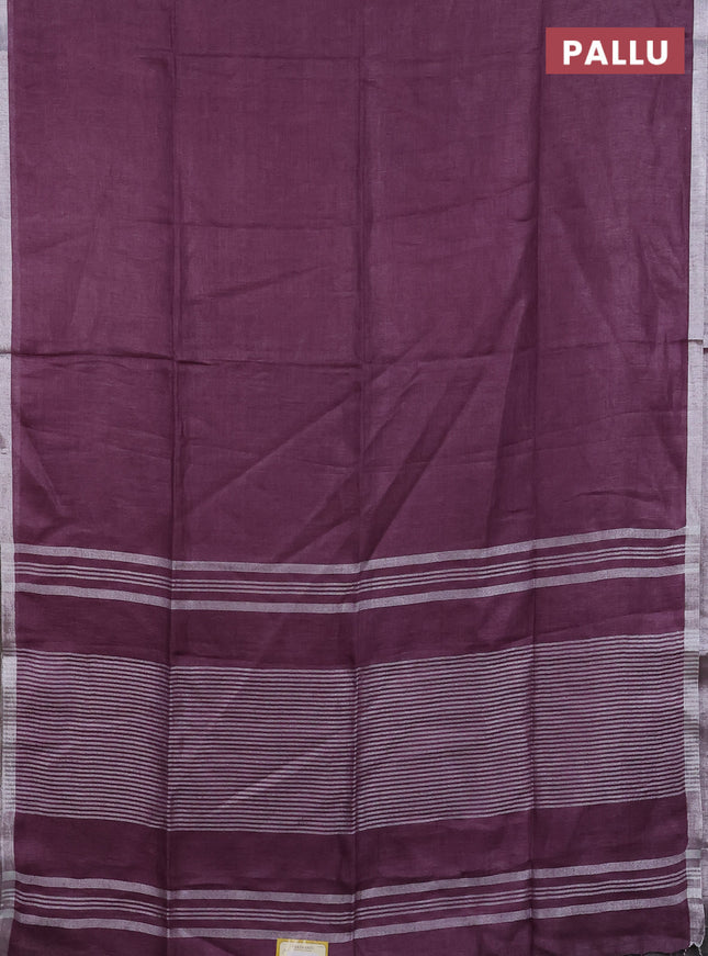 Pure linen saree mild purple with plain body and silver zari woven border