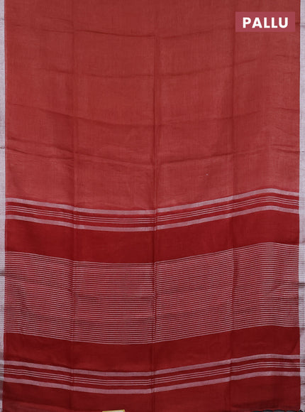 Pure linen saree rust shade and maroon with plain body and silver zari woven border