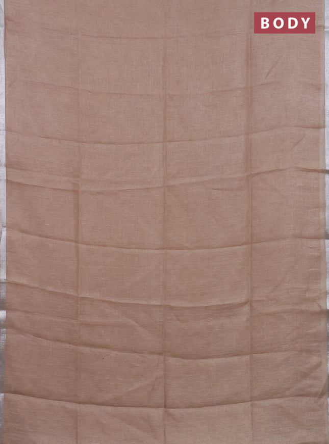 Pure linen saree beige with plain body and silver zari woven border