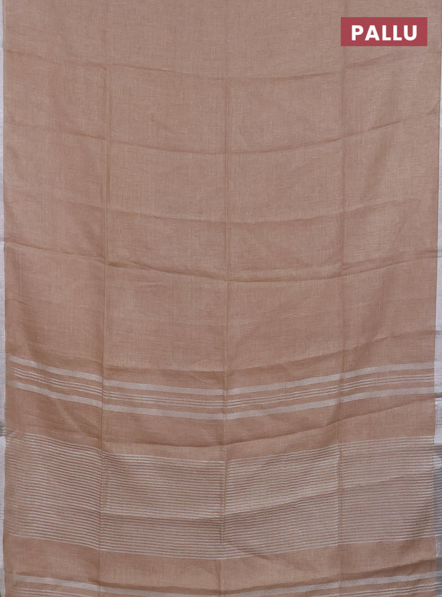 Pure linen saree beige with plain body and silver zari woven border