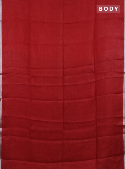 Pure linen saree red and black with plain body and silver zari woven border
