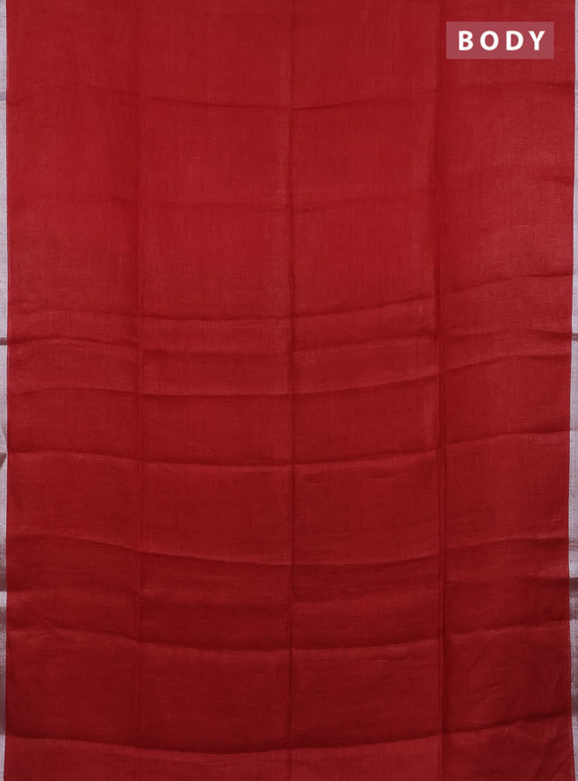 Pure linen saree red and black with plain body and silver zari woven border