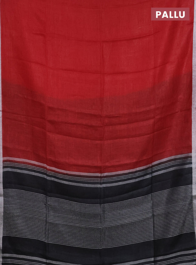 Pure linen saree red and black with plain body and silver zari woven border