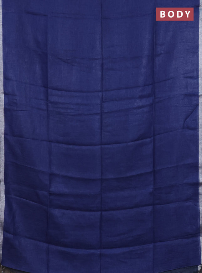 Pure linen saree blue and bluish grey with plain body and silver zari woven border