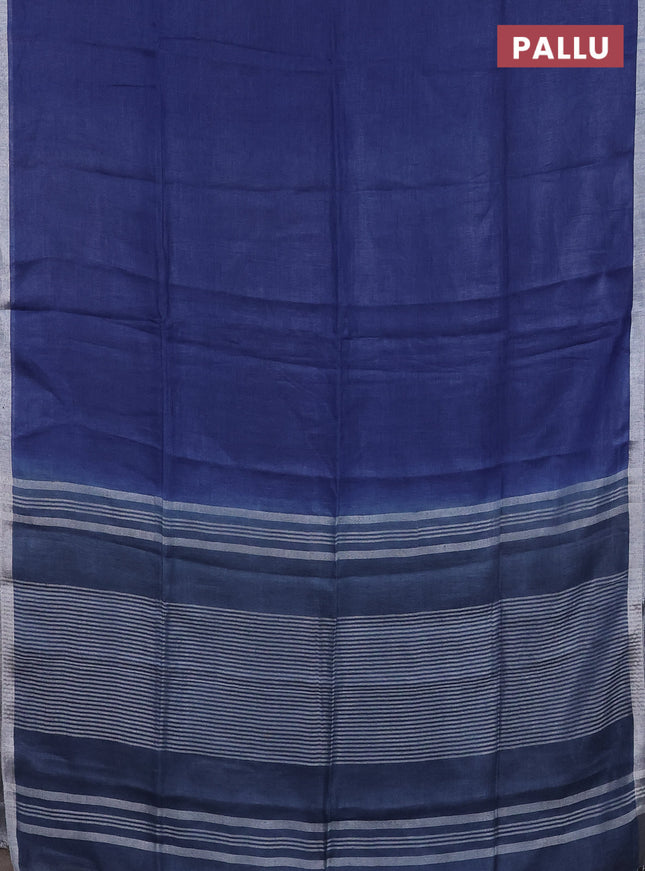 Pure linen saree blue and bluish grey with plain body and silver zari woven border