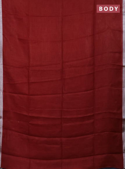 Pure linen saree maroon and bluish grey with plain body and silver zari woven border