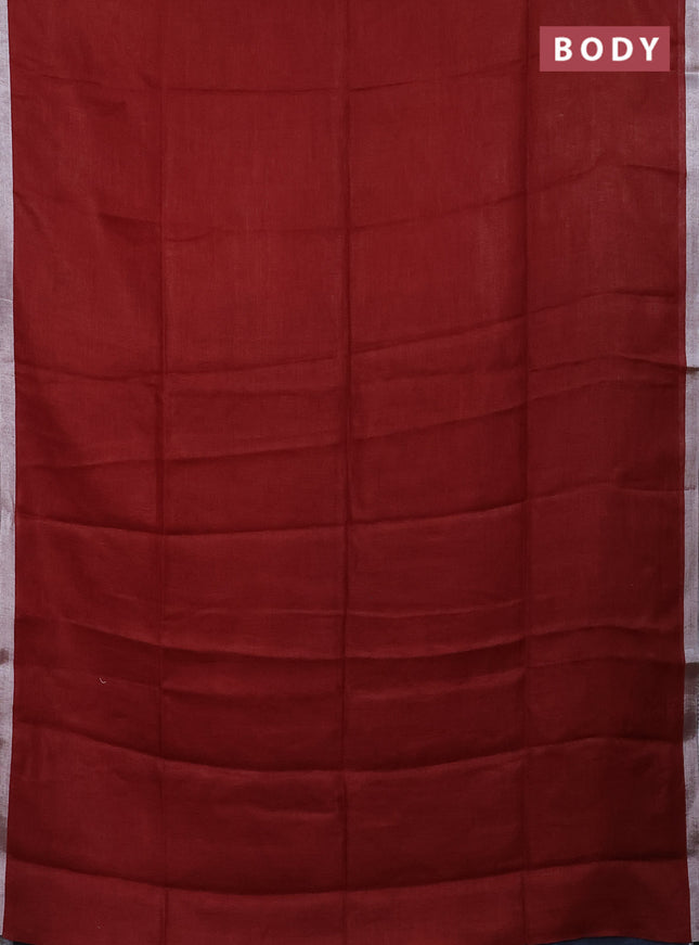 Pure linen saree maroon and bluish grey with plain body and silver zari woven border