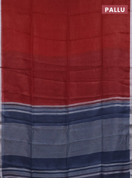 Pure linen saree maroon and bluish grey with plain body and silver zari woven border