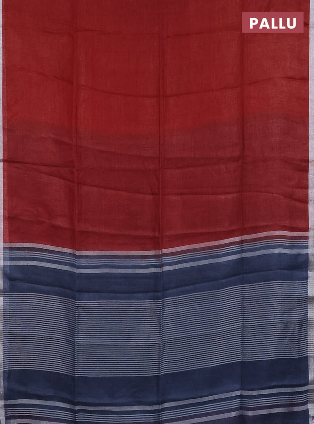 Pure linen saree maroon and bluish grey with plain body and silver zari woven border