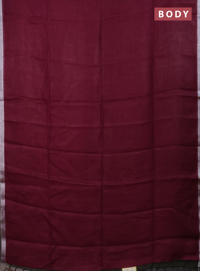 Pure linen saree dark magenta pink and dark sap green with plain body and silver zari woven border