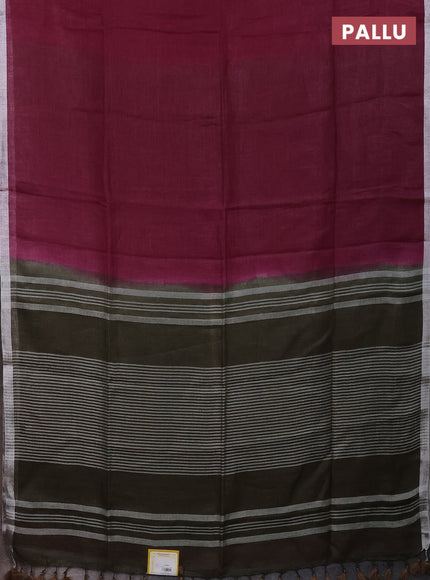 Pure linen saree dark magenta pink and dark sap green with plain body and silver zari woven border