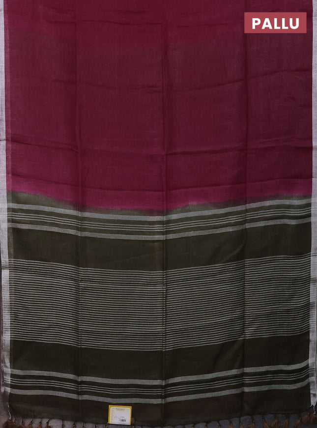 Pure linen saree dark magenta pink and dark sap green with plain body and silver zari woven border