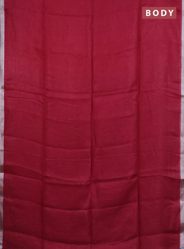 Pure linen saree dark pink and cs blue with plain body and silver zari woven border