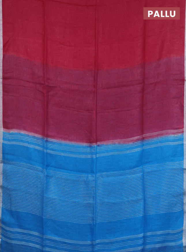 Pure linen saree dark pink and cs blue with plain body and silver zari woven border