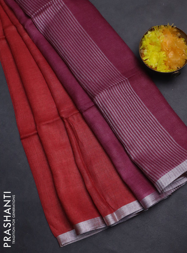 Pure linen saree red and dark magenta pink with plain body and silver zari woven border