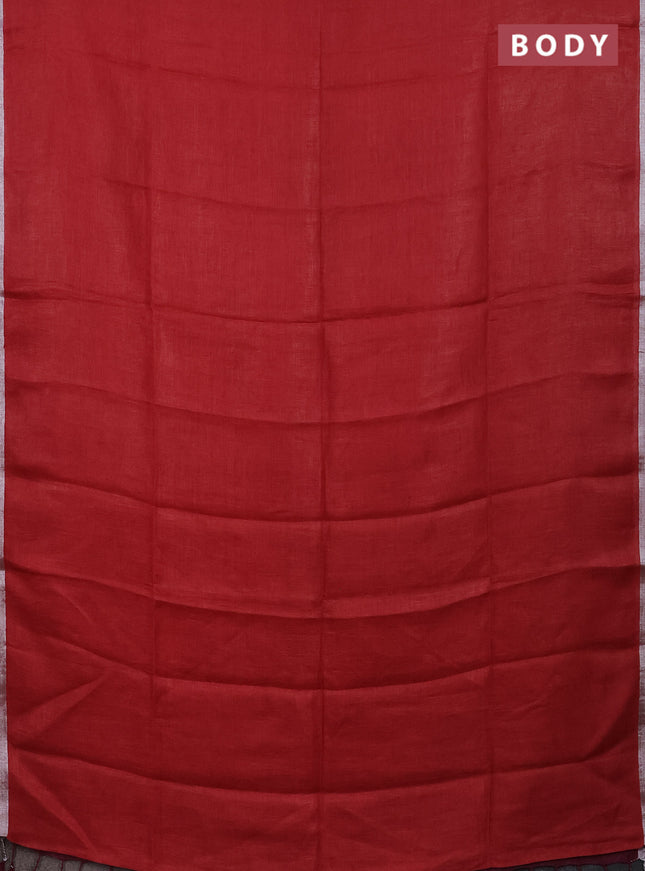 Pure linen saree red and dark magenta pink with plain body and silver zari woven border