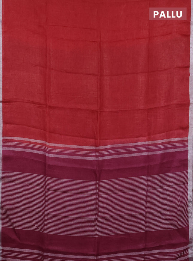 Pure linen saree red and dark magenta pink with plain body and silver zari woven border