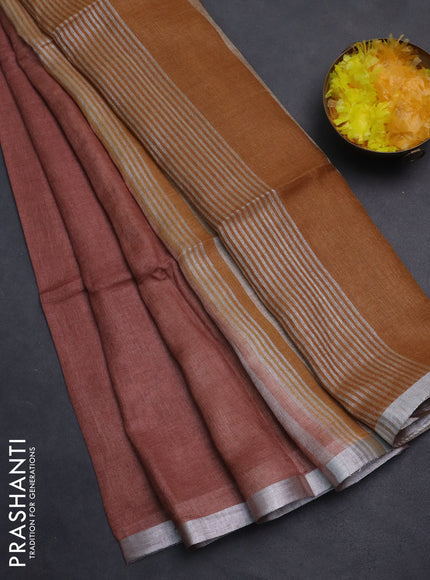 Pure linen saree rustic brown and dark mustard with plain body and silver zari woven border
