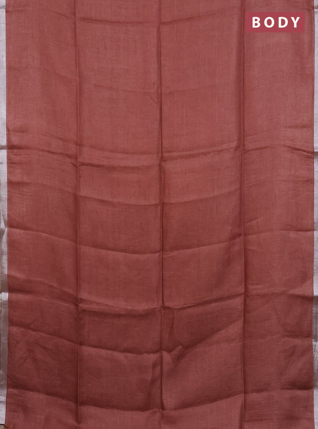Pure linen saree rustic brown and dark mustard with plain body and silver zari woven border