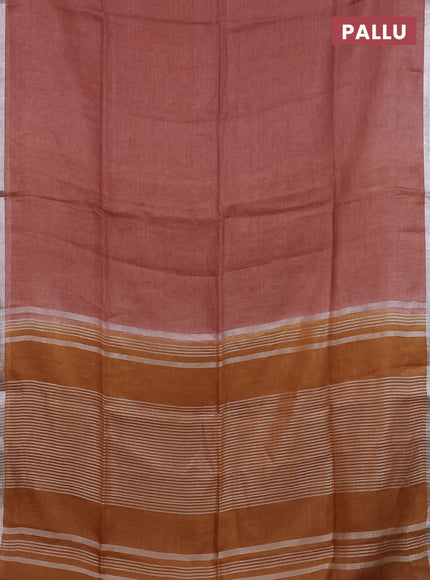 Pure linen saree rustic brown and dark mustard with plain body and silver zari woven border