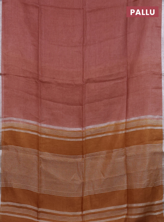 Pure linen saree rustic brown and dark mustard with plain body and silver zari woven border