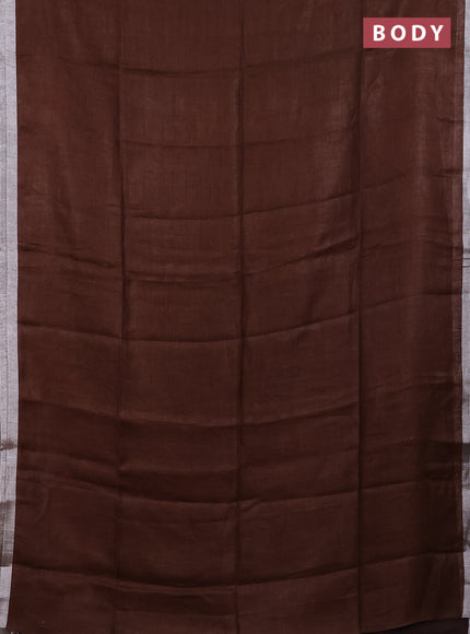Pure linen saree brown with plain body and silver zari woven border