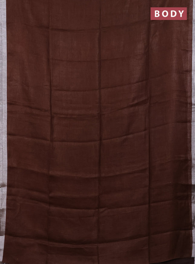 Pure linen saree brown with plain body and silver zari woven border