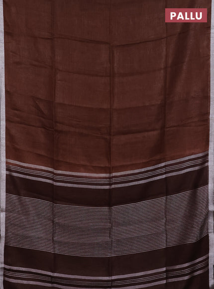 Pure linen saree brown with plain body and silver zari woven border