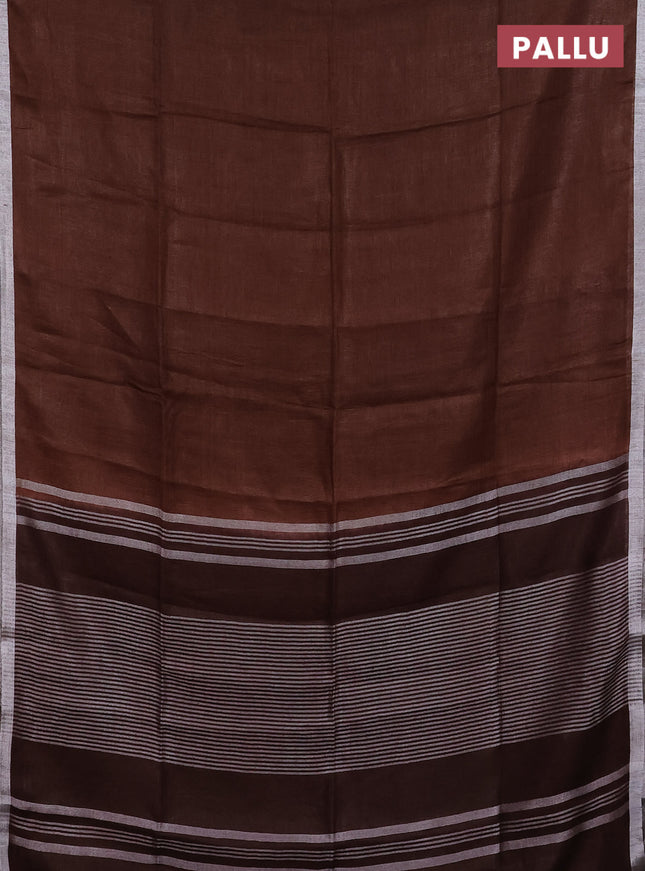 Pure linen saree brown with plain body and silver zari woven border
