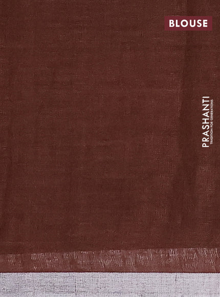 Pure linen saree brown with plain body and silver zari woven border