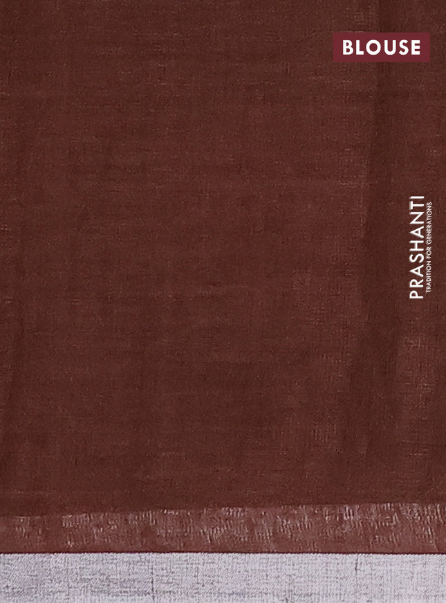 Pure linen saree brown with plain body and silver zari woven border