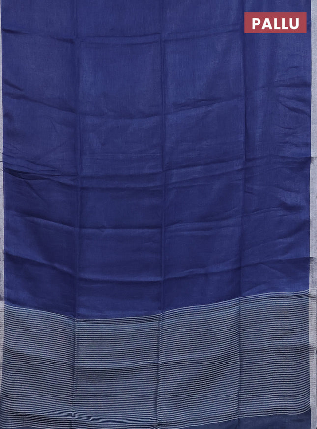 Pure linen saree blue shade and bluish grey with plain body and silver zari woven border