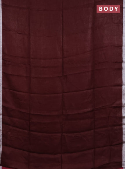 Pure linen saree maroon with plain body and silver zari woven border