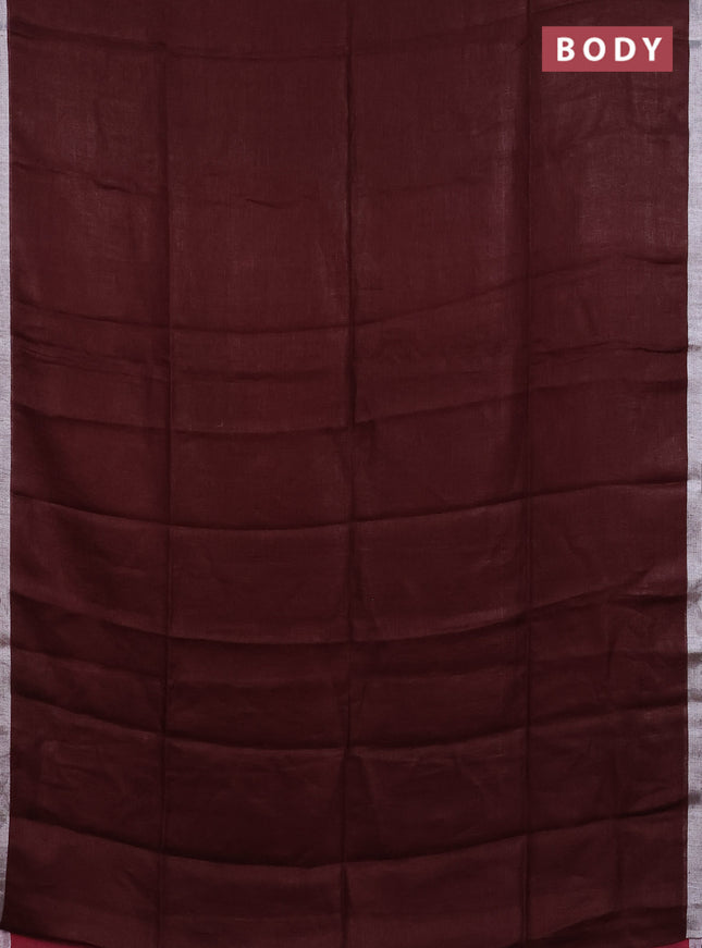 Pure linen saree maroon with plain body and silver zari woven border