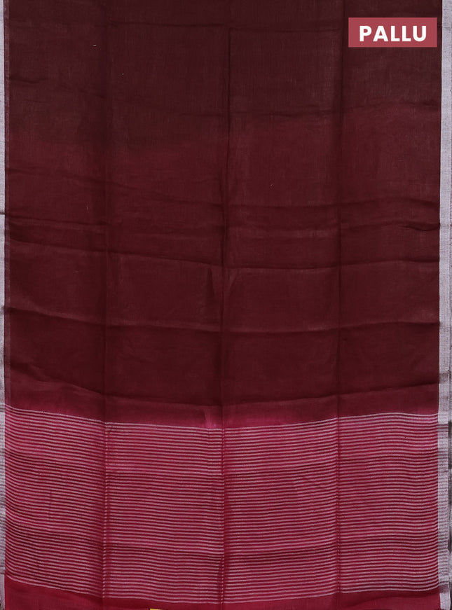 Pure linen saree maroon with plain body and silver zari woven border