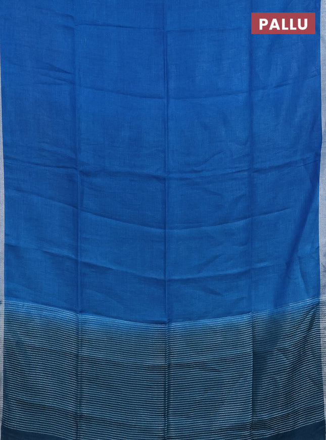 Pure linen saree cs blue and peacock blue with plain body and silver zari woven border