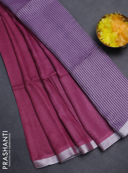 Pure linen saree dark pink and lavender with plain body and silver zari woven border
