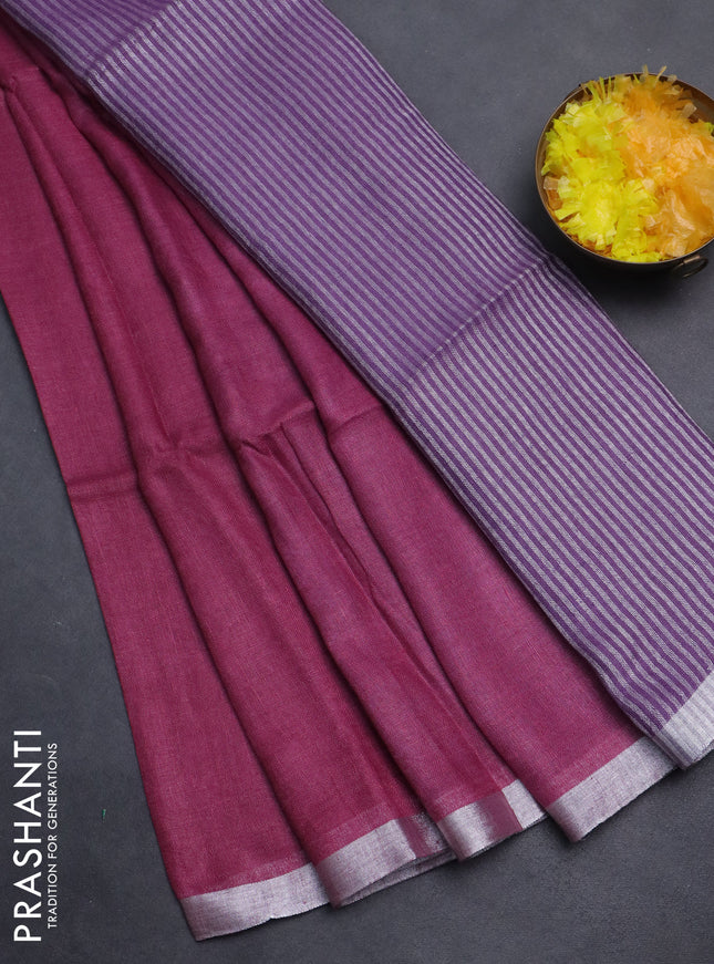 Pure linen saree dark pink and lavender with plain body and silver zari woven border